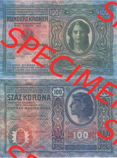 Banknoten Österreich 1912-1912, 100 Kronen. Vorderseite und Rückseite auf einen Digitalen Bild der Banknoten von Österreich... Sammlung