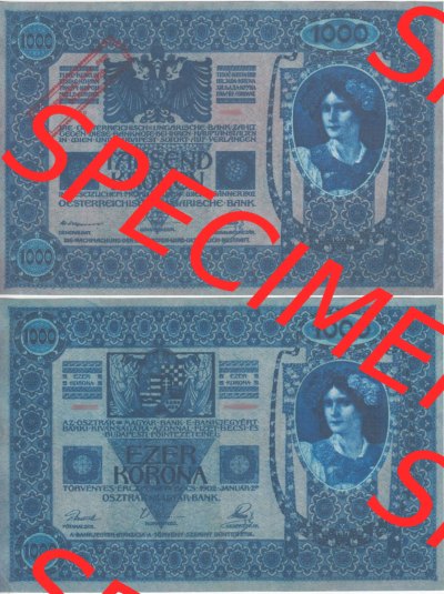 Banknoten Österreich 1920-1920, 1000 Kronen Aufdruck. Vorderseite und Rückseite auf einen Digitalen Bild der Banknoten von Österreich... Sammlung