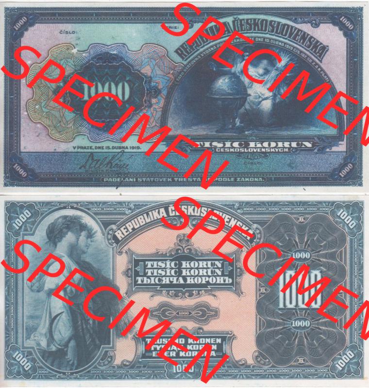 Banknoten Tschechoslowakei 1919-1919, 1000 Korun. Vorderseite und Rückseite auf einen Digitalen Bild der Banknoten der Tschechoslowakei 1919, Banknoten aus Satz der Banknoten Tschechoslowakei... Sammlung