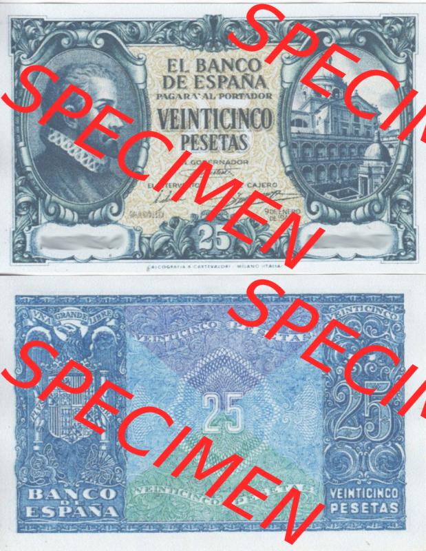 Banknoten Spanien 1940-1943. 25 Peseten. Vorderseite und Rückseite auf einen Digitalen Bild der Banknoten von Spanien 1940, 1943, 1945, Banknoten aus Satz der Banknoten... Sammlung