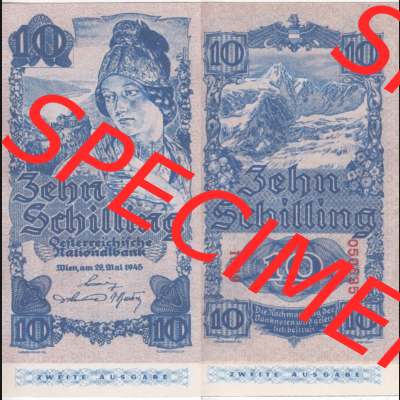 Banknoten Österreich 1945-1945, 10 Schilling Zweite Ausgabe. Vorderseite und Rückseite auf einen Digitalen Bild der Banknoten von Österreich 1945 Schilling, Banknoten... Sammlung