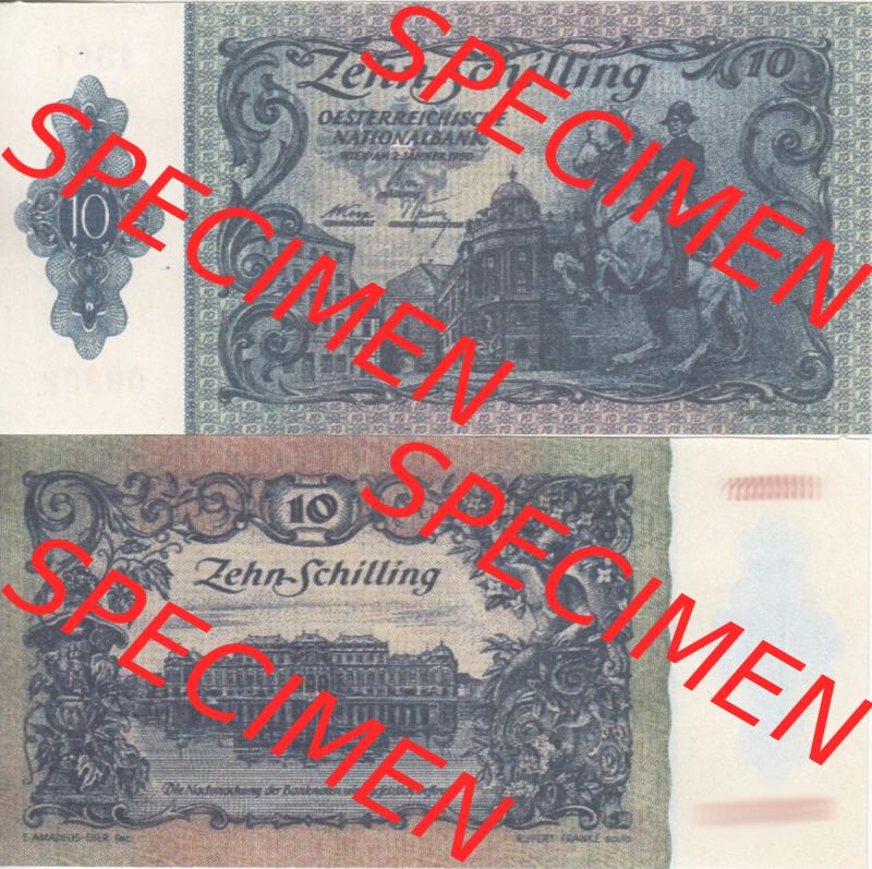 Banknoten Österreich 1950-1950, 10 Schilling. Vorderseite und Rückseite auf einen Digitalen Bild der Banknoten von Österreich 1945-1954, Banknoten aus Satz der Banknoten... Sammlung