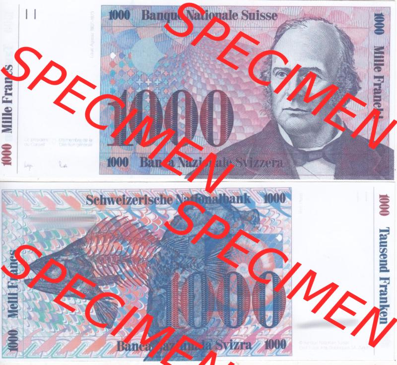 Banknoten Schweiz 1985-1985, 1000 Franken. Vorderseite und Rückseite auf einen Digitalen Bild der Banknoten der Schweiz 1983-1985, Banknoten aus Satz der Banknoten Schweiz 1983-1985... Sammlung