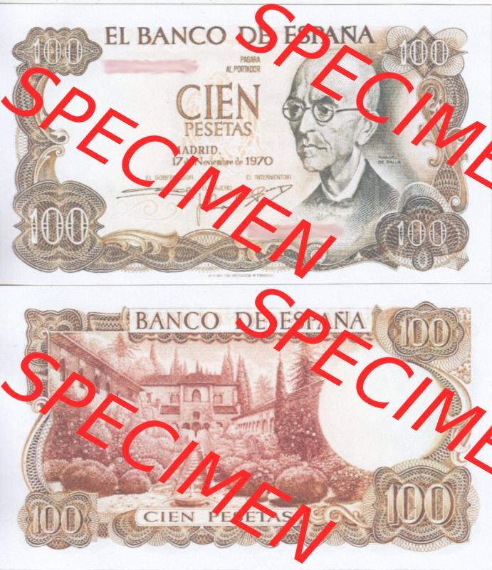 Banknoten Spanien 1970-1974, 100 Peseten. Vorderseite und Rückseite auf einen Digitalen Bild der Banknoten von Spanien 1965-1978, Banknoten aus Satz der Banknoten Spanien 1965-1978... Sammlung