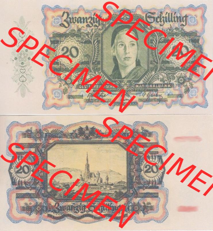 Banknoten Österreich 1946-1946, 20 Schilling. Vorderseite und Rückseite auf einen Digitalen Bild der Banknoten von Österreich 1945-1947, Banknoten aus Satz der Banknoten... Sammlung