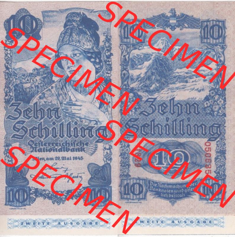 Banknoten Österreich 1945-1945, 10 Schilling Zweite Ausgabe. Vorderseite und Rückseite auf einen Digitalen Bild der Banknoten von Österreich 1945 Schilling, Banknoten... Sammlung