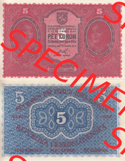 Banknoten Tschechoslowakei 1919-1919, 5 Korun. Vorderseite und Rückseite auf einen Digitalen Bild der Banknoten der Tschechoslowakei... Sammlung