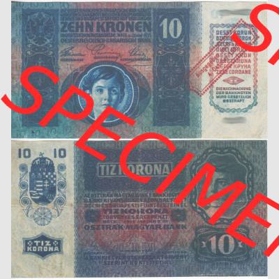 Banknoten Österreich 1920-1920, 10 Kronen Aufdruck. Vorderseite und Rückseite auf einen Digitalen Bild der Banknoten von Österreich 1920 nach 4. Oktober 1920, Banknoten... Sammlung