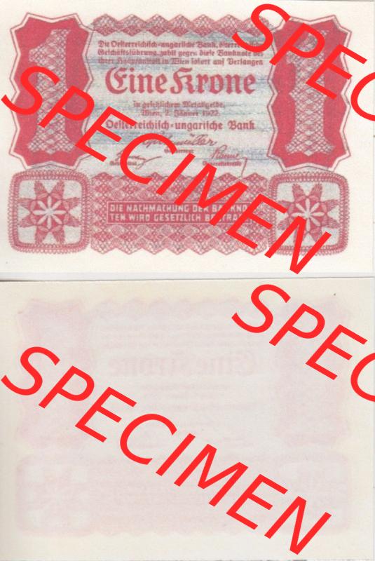 Banknoten Österreich 1922-1922, 1 Krone. Vorderseite und Rückseite auf einen Digitalen Bild der Banknoten von Österreich 1922, Banknoten aus Satz der Banknoten Österreich... Sammlung