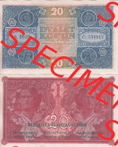Banknoten Tschechoslowakei 1919-1919, 20 Korun. Vorderseite und Rückseite auf einen Digitalen Bild der Banknoten der Tschechoslowakei... Sammlung