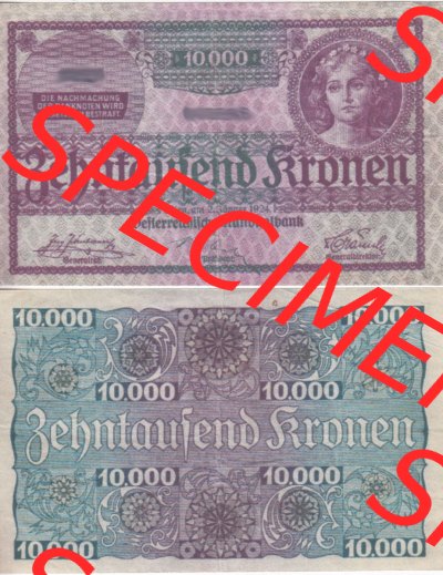 Banknoten Österreich 1924-1924, 10000 Kronen. Vorderseite und Rückseite auf einen Digitalen Bild der Banknoten von Österreich... Sammlung