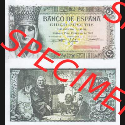 Banknoten Spanien 1943-1943, 5 Peseten. Vorderseite und Rückseite auf einen Digitalen Bild der Banknoten von Spanien 1943, 1945, Banknoten aus Satz der Banknoten Spanien 1943,... Sammlung