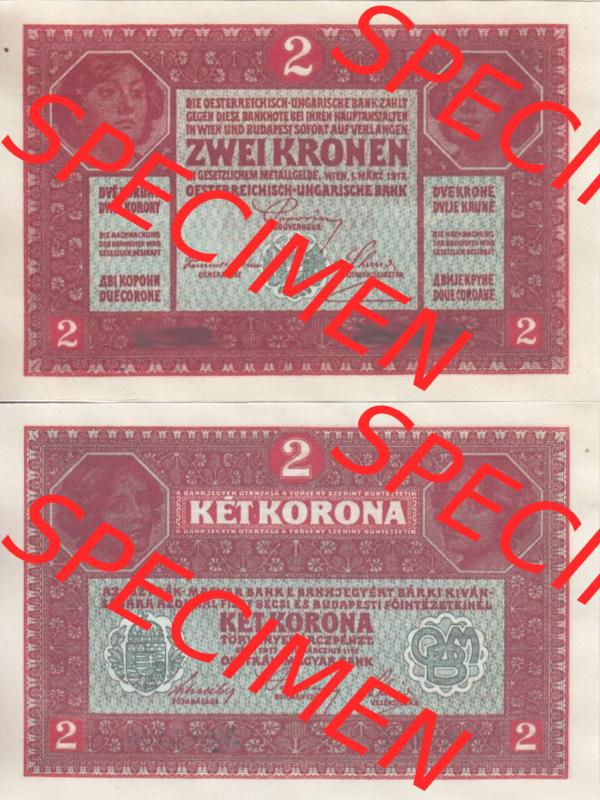 Banknoten Österreich 1917-1917, 2 Kronen. Vorderseite und Rückseite auf einen Digitalen Bild der Banknoten von Österreich 1916-1918, Banknoten aus Satz der Banknoten Österreich... Sammlung