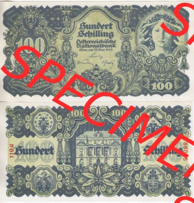 Banknoten Österreich 1945-1945, 100 Schilling Erste Ausgabe. Vorderseite und Rückseite auf einen Digitalen Bild der Banknoten... Sammlung