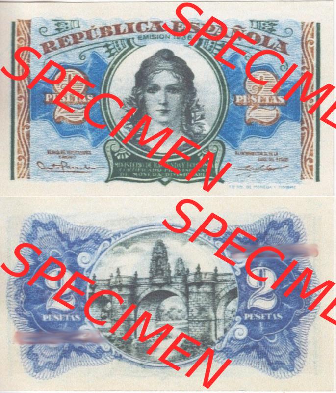 Banknoten Spanien 1938-1938, 2 Peseten I.. Vorderseite und Rückseite auf einen Digitalen Bild der Banknoten von Spanien 1937-1938, Banknoten aus Satz der Banknoten Spanien... Sammlung