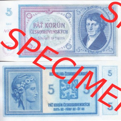 Banknoten Tschechoslowakei 1938-1938, 5 Kronen. Vorderseite und Rückseite auf einen Digitalen Bild der Banknoten der Tschechoslowakei... Sammlung