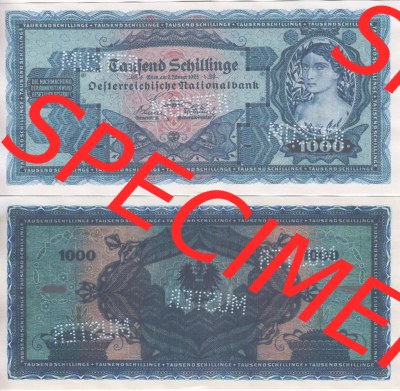 Banknoten Österreich 1925-1925, 1000 Schilling. Vorderseite und Rückseite auf einen Digitalen Bild der Banknoten von Österreich... Sammlung