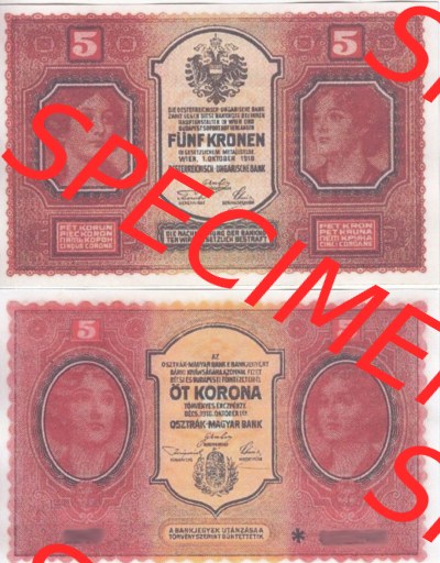 Banknoten Österreich 1918-1918, 5 Kronen. Vorderseite und Rückseite auf einen Digitalen Bild der Banknoten von Österreich 1916-1918,... Sammlung