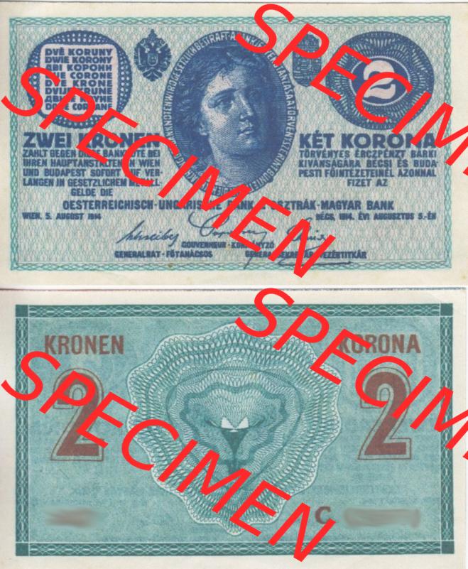 Banknoten Österreich 1914-1914, 2 Kronen. Vorderseite und Rückseite auf einen Digitalen Bild der Banknoten von Österreich 1913-1919, Banknoten aus Satz der Banknoten Österreich... Sammlung