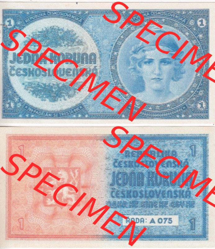 Banknoten Tschechoslowakei 1938-1938, 1 Krone. Vorderseite und Rückseite auf einen Digitalen Bild der Banknoten der Tschechoslowakei 1938, Banknoten aus Satz der Banknoten Tschechoslowakei... Sammlung