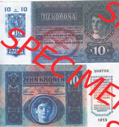 Banknoten Tschechoslowakei 1919-1919, 10 Kronen Provisorische Geldschein Ausgaben. Vorderseite und Rückseite auf einen Digitalen... Sammlung