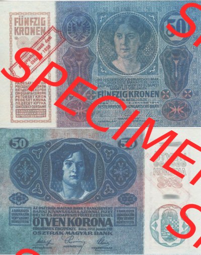 Banknoten Österreich 1920-1920, 50 Kronen Aufdruck. Vorderseite und Rückseite auf einen Digitalen Bild der Banknoten von Österreich... Sammlung
