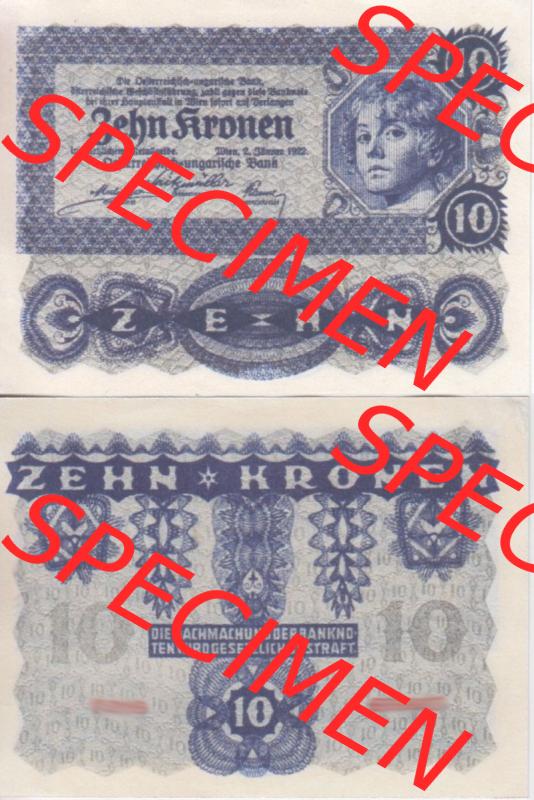 Banknoten Österreich 1922-1922, 10 Kronen. Vorderseite und Rückseite auf einen Digitalen Bild der Banknoten von Österreich 1922, Banknoten aus Satz der Banknoten Österreich... Sammlung