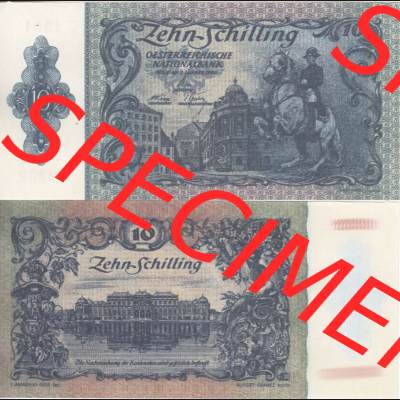 Banknoten Österreich 1950-1950, 10 Schilling. Vorderseite und Rückseite auf einen Digitalen Bild der Banknoten von Österreich 1945-1954, Banknoten aus Satz der Banknoten... Sammlung