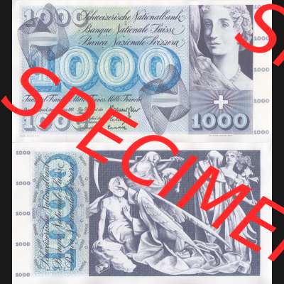 Banknoten Schweiz 1954-1974, 1000 Franken. Vorderseite und Rückseite auf einen Digitalen Bild der Banknoten der Schweiz 1954-1977, Banknoten aus Satz der Banknoten Schweiz 1954-1977... Sammlung