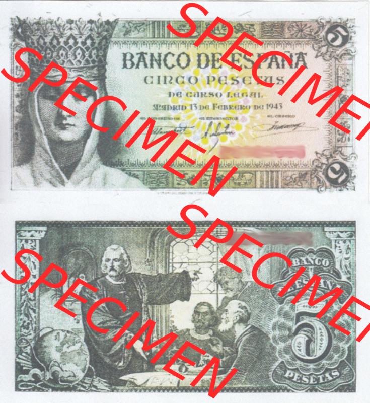 Banknoten Spanien 1943-1943, 5 Peseten. Vorderseite und Rückseite auf einen Digitalen Bild der Banknoten von Spanien 1943, 1945, Banknoten aus Satz der Banknoten Spanien 1943,... Sammlung