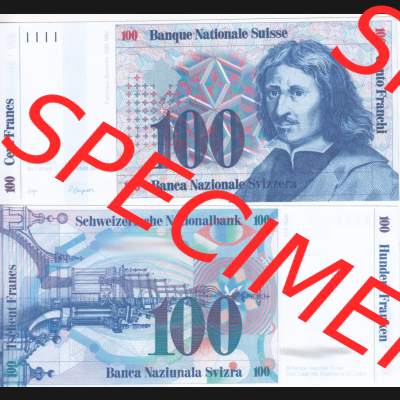 Banknoten Schweiz 1985-1985, 100 Franken. Vorderseite und Rückseite auf einen Digitalen Bild der Banknoten der Schweiz 1983-1985, Banknoten aus Satz der Banknoten Schweiz 1983-1985... Sammlung