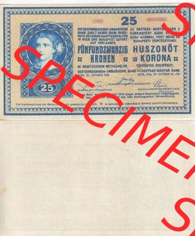 Banknoten Österreich 1918-1918, 25 Kronen. Vorderseite und Rückseite auf einen Digitalen Bild der Banknoten von Österreich... Sammlung