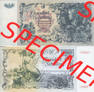 Banknoten Österreich 1949-1949, 100 Schilling I.. Vorderseite und Rückseite auf einen Digitalen Bild der Banknoten von Österreich... Sammlung