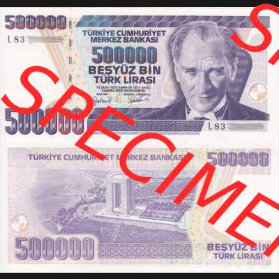 Banknote Türkei 1970, 500000 Lire. Vorderseite und Rückseite auf einen Digitalen Bild der Banknoten der Türkei 1968-1986, Banknoten aus Satz der Banknoten der Türkei... Sammlung