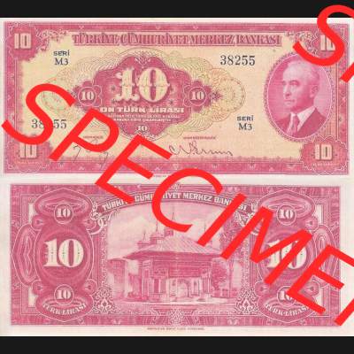 Banknote Türkei 1947, P147, 10 Lira. Vorderseite und Rückseite auf einen Digitalen Bild der Banknoten der Türkei 1947, Banknoten aus Satz der Banknoten der Türkei... Sammlung