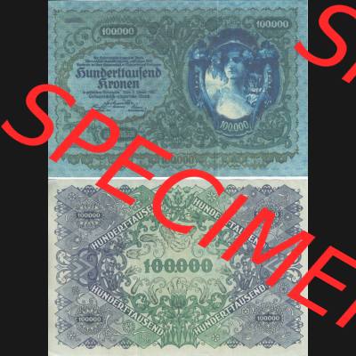 Banknoten Österreich 1922-1922, 100000 100.000 Kronen. Vorderseite und Rückseite auf einen Digitalen Bild der Banknoten von Österreich 1922, Banknoten aus Satz... Sammlung
