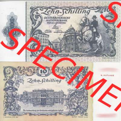 Banknoten Österreich 1950-1950, 10 Schilling 2. Auflage. Vorderseite und Rückseite auf einen Digitalen Bild der Banknoten von Österreich 1945-1954, Banknoten aus... Sammlung