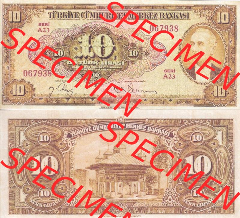 Banknote Türkei 1947, P148, 10 Lira. Vorderseite und Rückseite auf einen Digitalen Bild der Banknoten der Türkei 1947, Banknoten aus Satz der Banknoten der Türkei... Sammlung