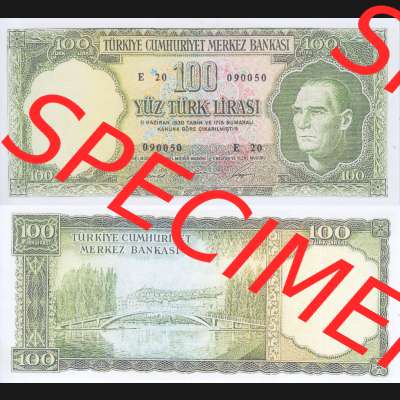 Banknote Türkei 1952, P167, 100 Lira. Vorderseite und Rückseite auf einen Digitalen Bild der Banknoten der Türkei 1951-1960, Banknoten aus Satz der Banknoten der... Sammlung