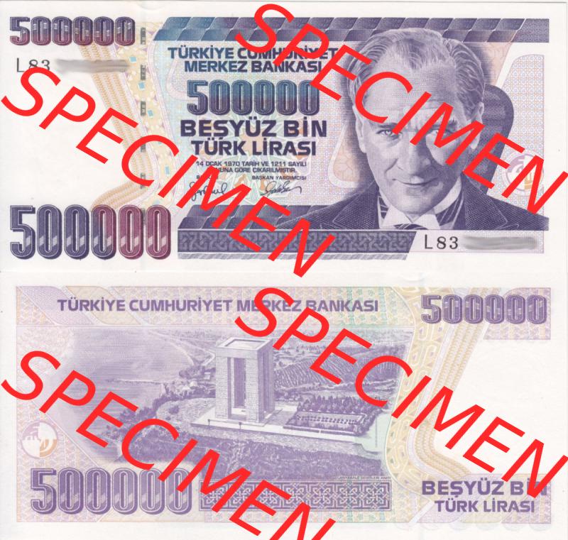 Banknote Türkei 1970, 500000 Lire. Vorderseite und Rückseite auf einen Digitalen Bild der Banknoten der Türkei 1968-1986, Banknoten aus Satz der Banknoten der Türkei... Sammlung