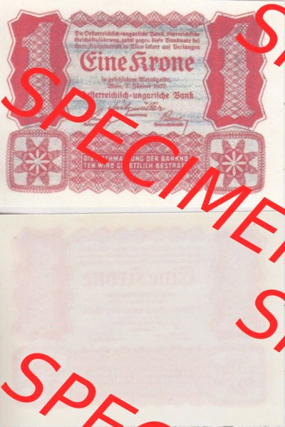 Banknoten Österreich 1922-1922, 1 Krone. Vorderseite und Rückseite auf einen Digitalen Bild der Banknoten von Österreich 1922,... Sammlung