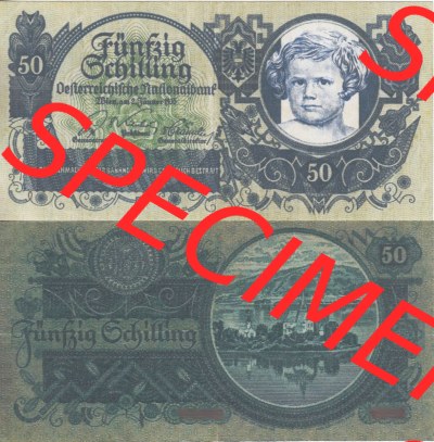 Banknoten Österreich 1935-1935, 50 Schilling. Vorderseite und Rückseite auf einen Digitalen Bild der Banknoten von Österreich... Sammlung