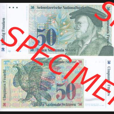 Banknoten Schweiz 1985-1985, 50 Franken. Vorderseite und Rückseite auf einen Digitalen Bild der Banknoten der Schweiz 1983-1985, Banknoten aus Satz der Banknoten Schweiz 1983-1985... Sammlung