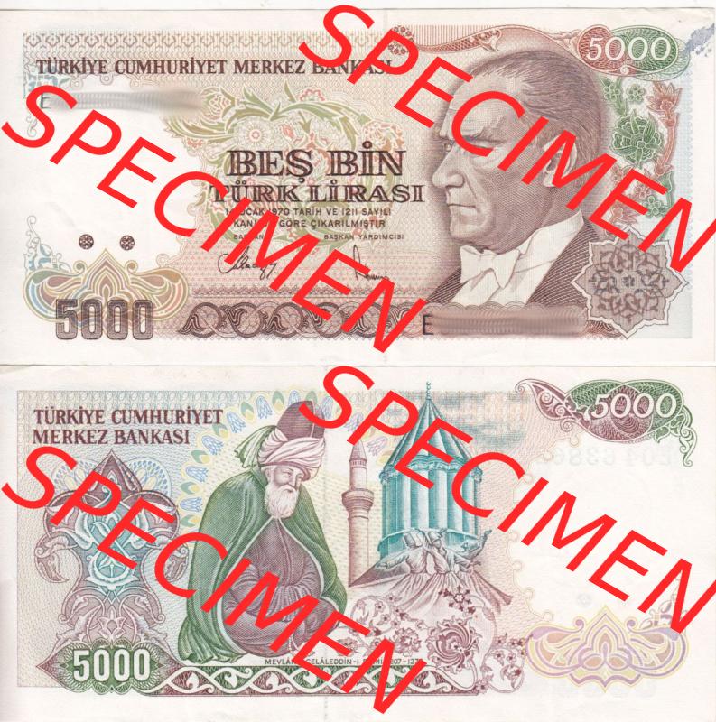 Banknote Türkei 1985-1985 (1970), 5000 Lira. Vorderseite und Rückseite auf einen Digitalen Bild der Banknoten der Türkei 1968-1986, Banknoten aus Satz der Banknoten... Sammlung