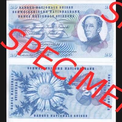 Banknoten Schweiz 1954-1976, 20 Franken. Vorderseite und Rückseite auf einen Digitalen Bild der Banknoten der Schweiz 1954-1977, Banknoten aus Satz der Banknoten Schweiz 1954-1977... Sammlung