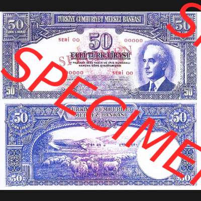 Banknote Türkei 1942, P136, 50 Lira. Vorderseite und Rückseite auf einen Digitalen Bild der Banknoten der Türkei 1940-1944, Banknoten aus Satz der Banknoten der... Sammlung