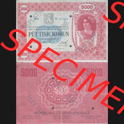 Banknoten Tschechoslowakei 1919-1919, 5000 Korun. Vorderseite und Rückseite auf einen Digitalen Bild der Banknoten der Tschechoslowakei 1919, Banknoten aus Satz der Banknoten Tschechoslowakei... Sammlung