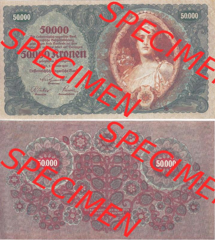 Banknoten Österreich 1922-1922, 50.000 Kronen I. Vorderseite und Rückseite auf einen Digitalen Bild der Banknoten von Österreich 1922, Banknoten aus Satz der Banknoten... Sammlung