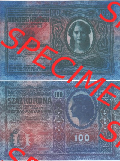 Banknoten Österreich 1920-1920, 100 Kronen Aufdruck. Vorderseite und Rückseite auf einen Digitalen Bild der Banknoten von Österreich... Sammlung