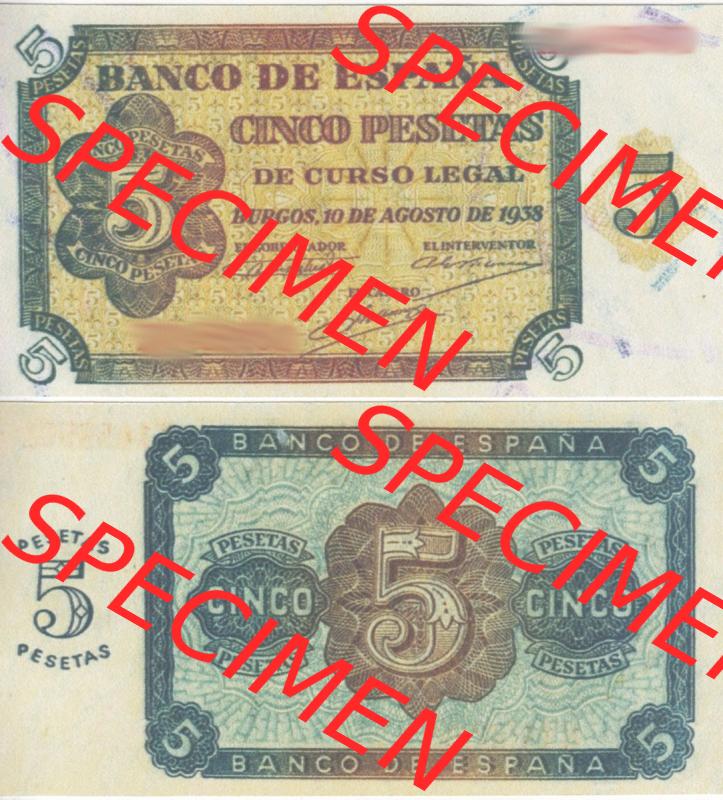 Banknoten Spanien 1938-1938, 5 Peseten. Vorderseite und Rückseite auf einen Digitalen Bild der Banknoten von Spanien 1937-1938, Banknoten aus Satz der Banknoten Spanien 1937-1938... Sammlung